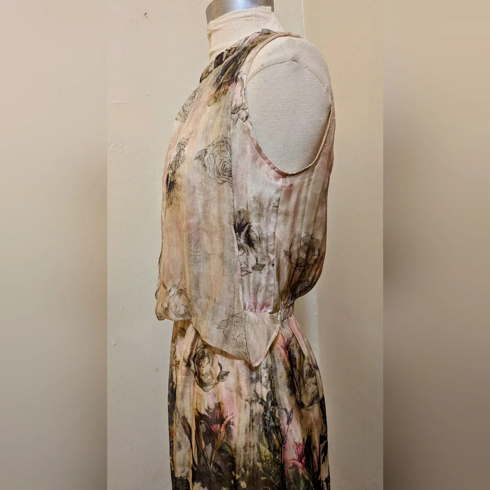 Queen Mulock Floral Silk Midi Rose Print Dress - Size S - Picture 9 of 14